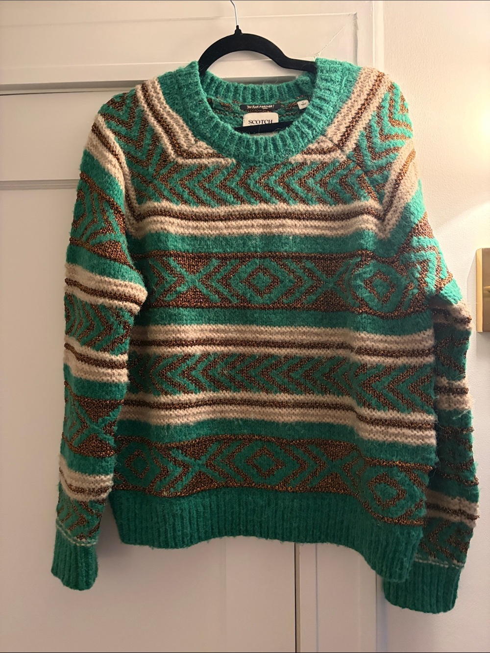 Scotch & Soda Teal, Cream & Brown Geometric Crewneck Sweater